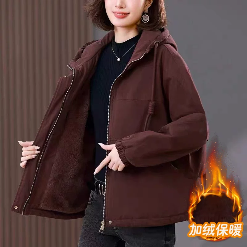 纯棉加绒加厚派克服短外套女秋冬季2025新款妈妈大码休闲棉衣棉服