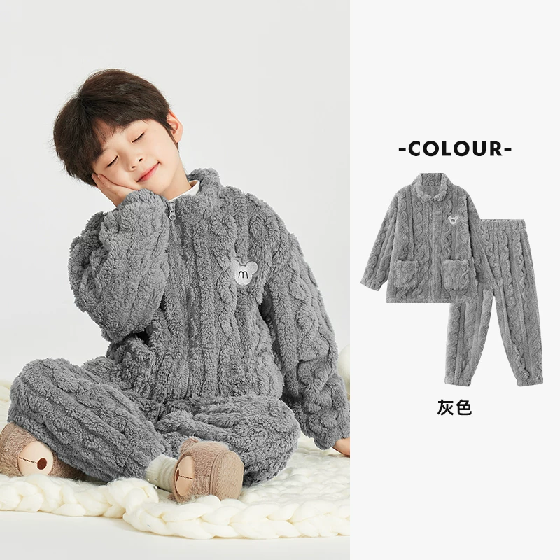 多多家男童家居服睡衣套装2025秋冬新款儿童珊瑚绒法兰绒加厚冬装